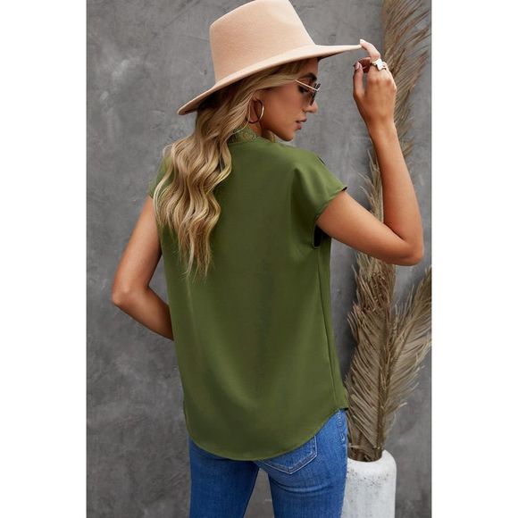 Azura Exchange  Green V Neck Lace Trim T-shirt - Picture 2 of 15